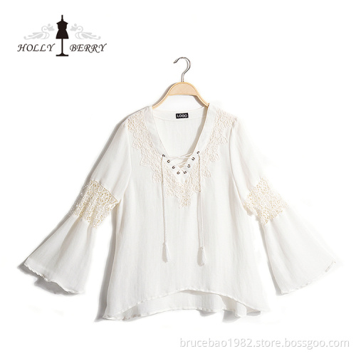 V-neck Women's Blouse Long Sleeve With Lace Pannel